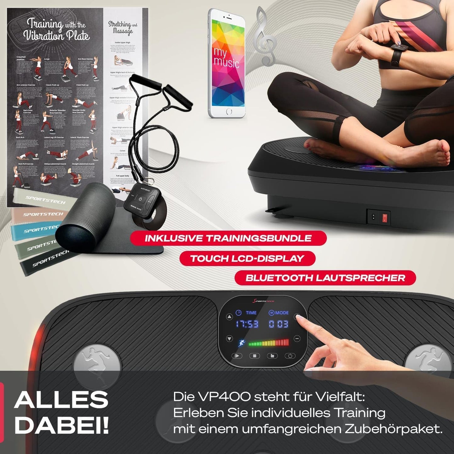 Sportstech VP400: 4D Vibrationsplatte mit Smart‑LED und Trainingsbändern ✨