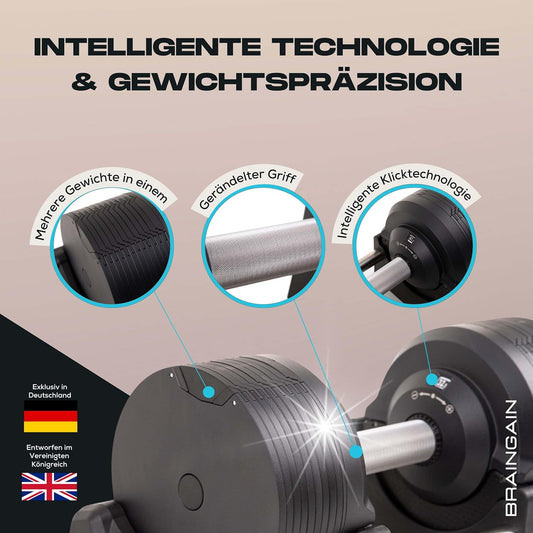 BRAINGAIN Verstellbare Hanteln: Chrom/Schwarz, Krafttraining für Zuhause u