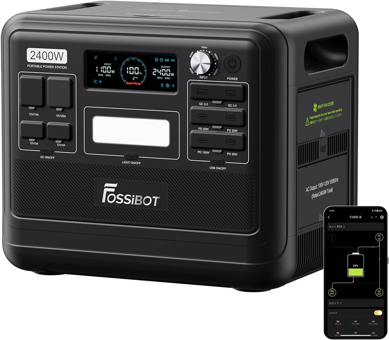 FOSSiBOT F2400 Solar Generator mit 200W Solar Panel, 2400W Tragbare Powerstation 2048Wh LiFePO4 with 3AC Ausgabe (4800W Peak), 13 Steckdosen Stromspeicher für Outdoor, Camping im Wohnmobil Backup
