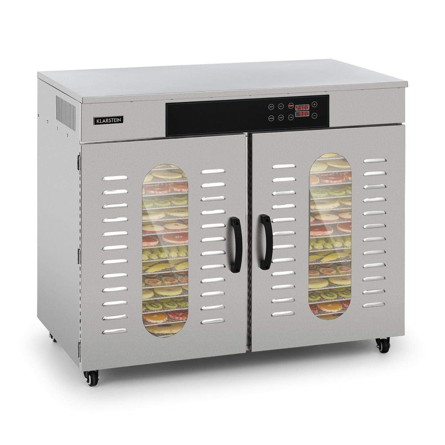 Klarstein Dörrautomat Edelstahl – 4.000-W-Dörrgerät, 48 Edelstahl-Einlegeböden, 30–90 °C, 24-Stunden-Timer, 6 Ventilatoren, 2 Trockenkammern, 50–55 dB, ideal für Obst, Gemüse, Fleisch, Kräuter, Silber