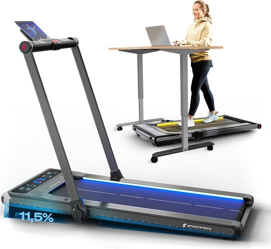Sportstech Klappbares LED‑Laufband: Walking Pad mit Bluetooth‑App-i
