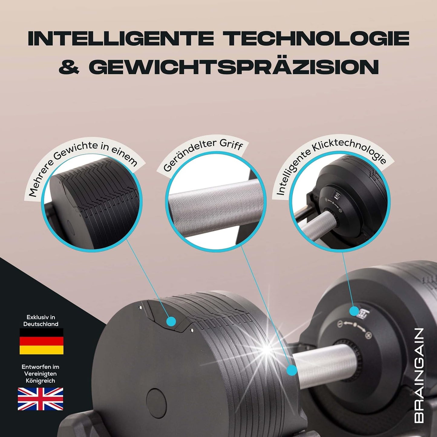 BRAINGAIN Verstellbare Hanteln: Chrom/Schwarz, Krafttraining für Zuhause u