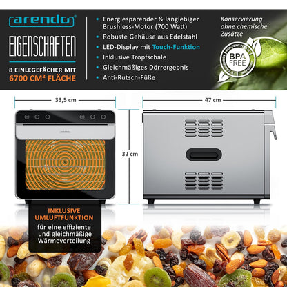 Arendo - Dörrautomat Edelstahl mit 8 Edelstahlgitter - 700 W - 35°-85°C - 8 Edelstahl Einlegetabletts mit insgesamt 6700 cm² - Dörrgerät Dehydrator Obsttrockner Dörrapparat - Obst Fleisch Pilze uvm